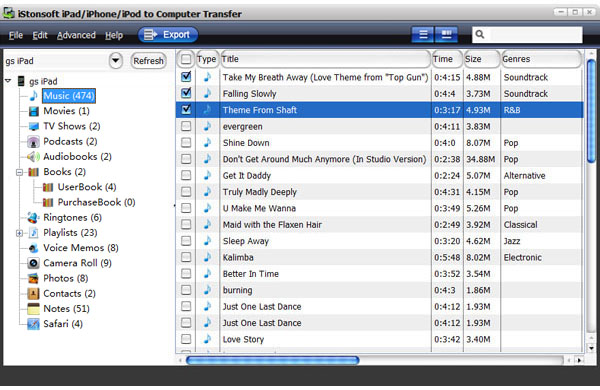 check the files for transferring songs from ipad to pc