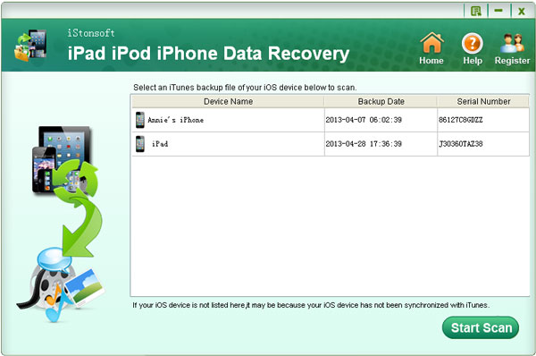 select to scan itunes backup file to fill ipad with backup data